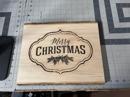 Merry Christmas Wood Burning Wood Sign with Bark Edges