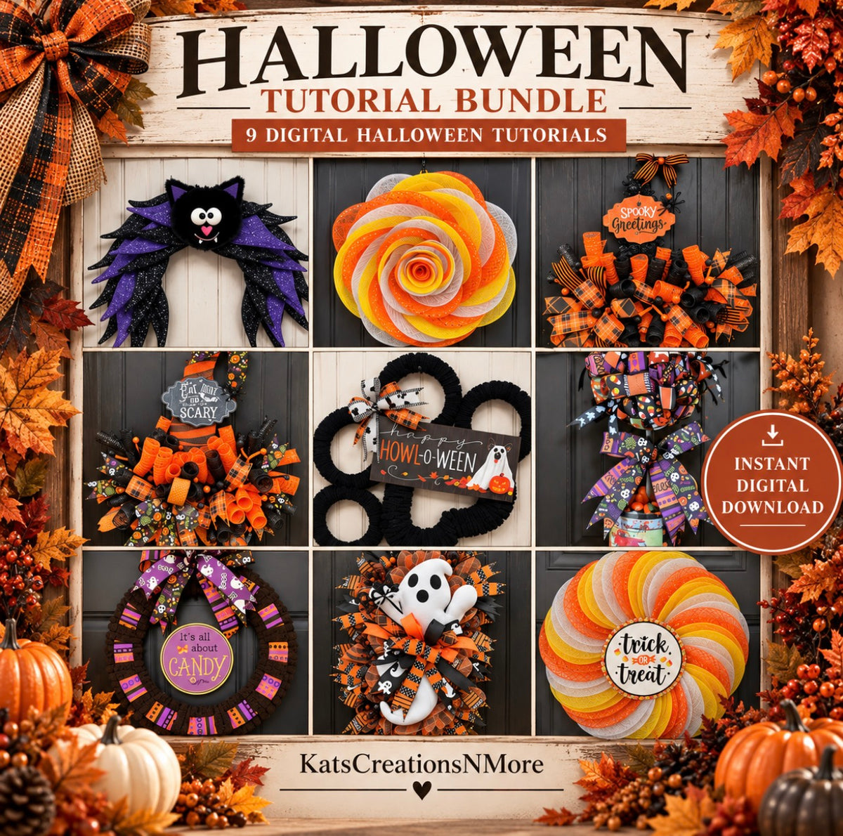 Halloween Wreath Tutorial Bundle, 8 Video Tutorials, DIY Halloween Wreaths, Witch Hat, Bat, Ghost, Candy Corn, Digital Craft Tutorials