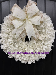 White Muslin Rag Wreath, Rustic Wedding Decoration, Farmhouse Front Door Decor, KatsCreationsNMore