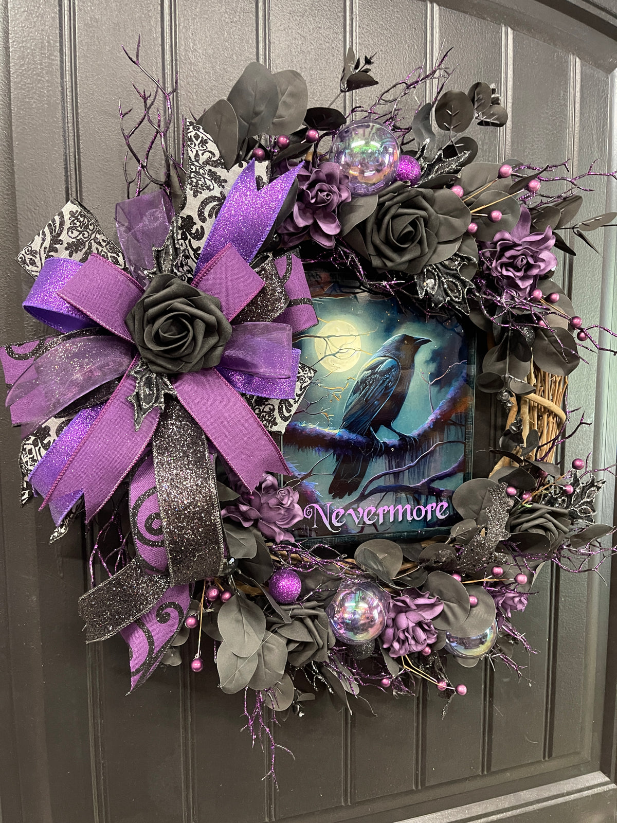 Nevermore Raven Halloween Wreath, Gothic Halloween Door Decor, Purple Black Wreath, Edgar Allan Poe Inspired Wreath, One of a Kind