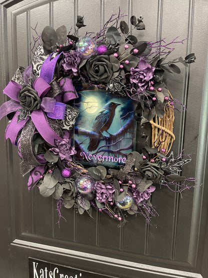 Nevermore Raven Halloween Wreath, Gothic Halloween Door Decor, Purple Black Wreath, Edgar Allan Poe Inspired Wreath, One of a Kind