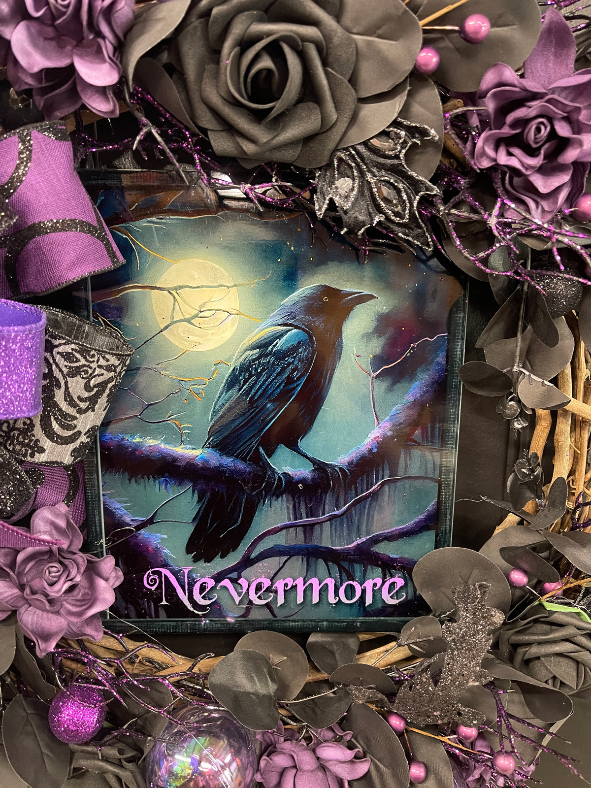 Nevermore Raven Halloween Wreath, Gothic Halloween Door Decor, Purple Black Wreath, Edgar Allan Poe Inspired Wreath, One of a Kind