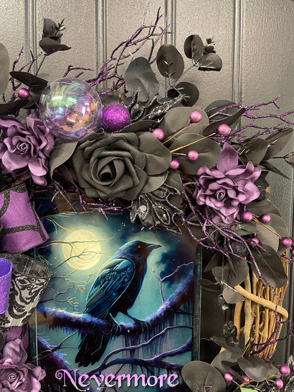 Nevermore Raven Halloween Wreath, Gothic Halloween Door Decor, Purple Black Wreath, Edgar Allan Poe Inspired Wreath, One of a Kind