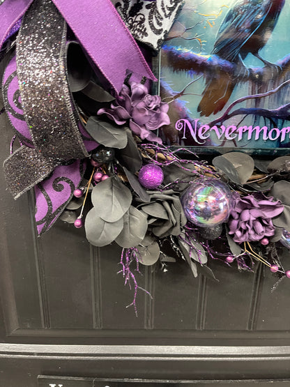 Nevermore Raven Halloween Wreath, Gothic Halloween Door Decor, Purple Black Wreath, Edgar Allan Poe Inspired Wreath, One of a Kind