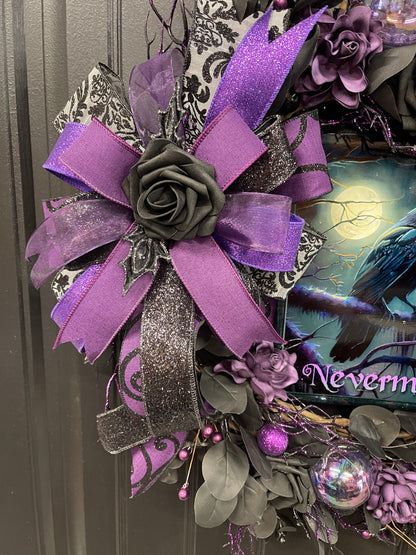 Nevermore Raven Halloween Wreath, Gothic Halloween Door Decor, Purple Black Wreath, Edgar Allan Poe Inspired Wreath, One of a Kind