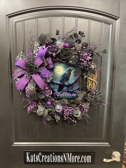 Nevermore Raven Halloween Wreath, Gothic Halloween Door Decor, Purple Black Wreath, Edgar Allan Poe Inspired Wreath, One of a Kind