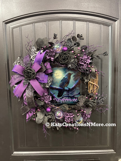 Nevermore Raven Halloween Wreath, Gothic Halloween Door Decor, Purple Black Wreath, Edgar Allan Poe Inspired Wreath, One of a Kind