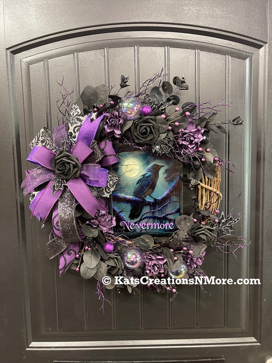 Nevermore Raven Halloween Wreath, Gothic Halloween Door Decor, Purple Black Wreath, Edgar Allan Poe Inspired Wreath, One of a Kind