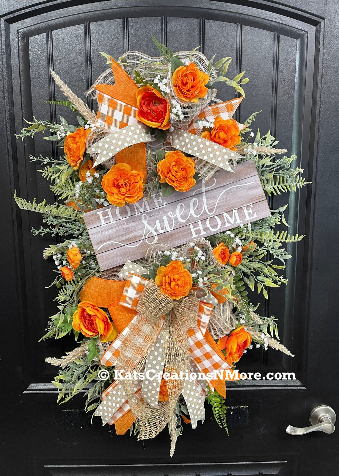 Home Sweet Home Vertical Swag with Orange Ranunculus and Rustic Gingham Bow – Farmhouse Door Hanger, KatsCreationsNMore