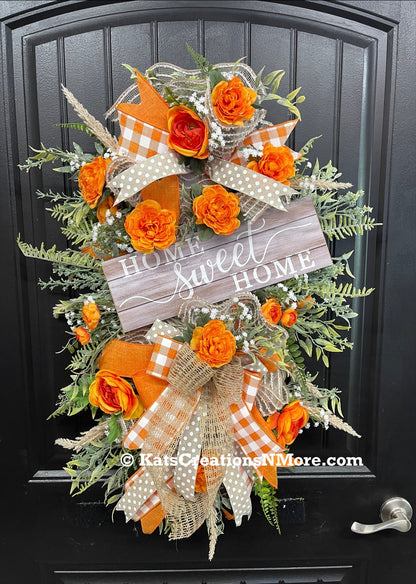 Home Sweet Home Vertical Swag with Orange Ranunculus and Rustic Gingham Bow – Farmhouse Door Hanger, KatsCreationsNMore
