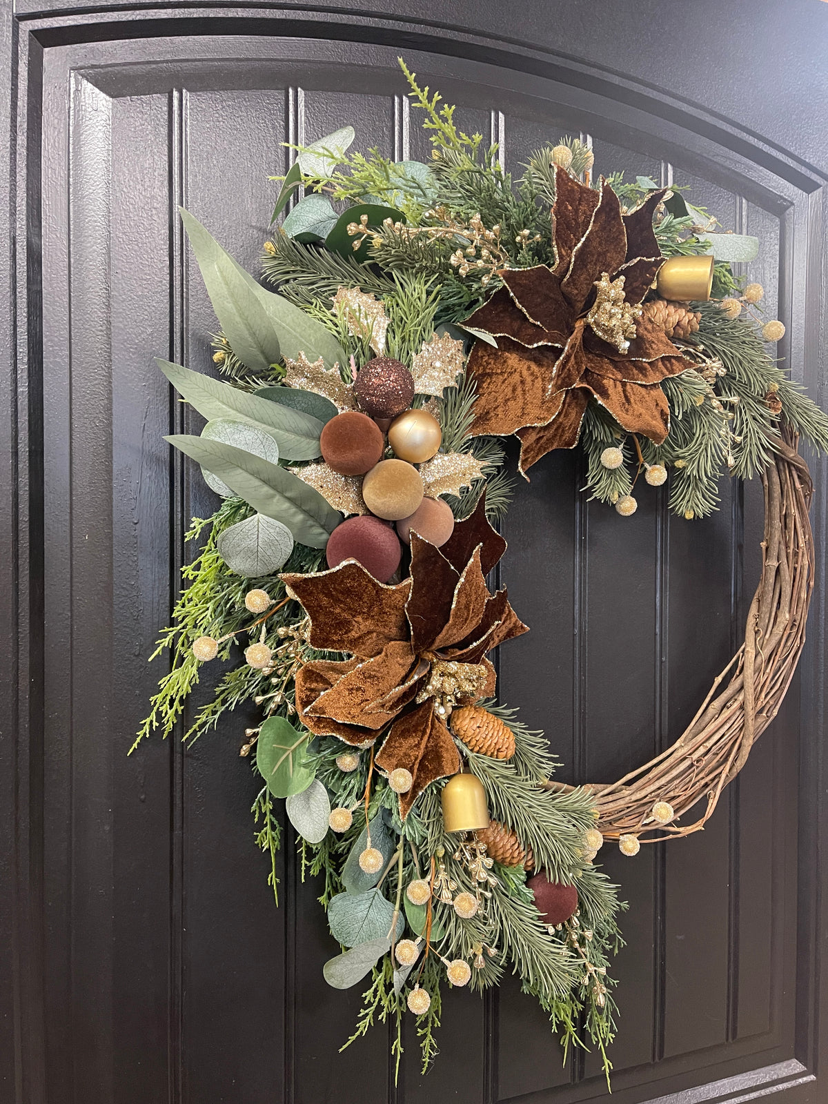 Woodland Velvet Christmas Wreath with Brown Poinsettias & Gold Bells