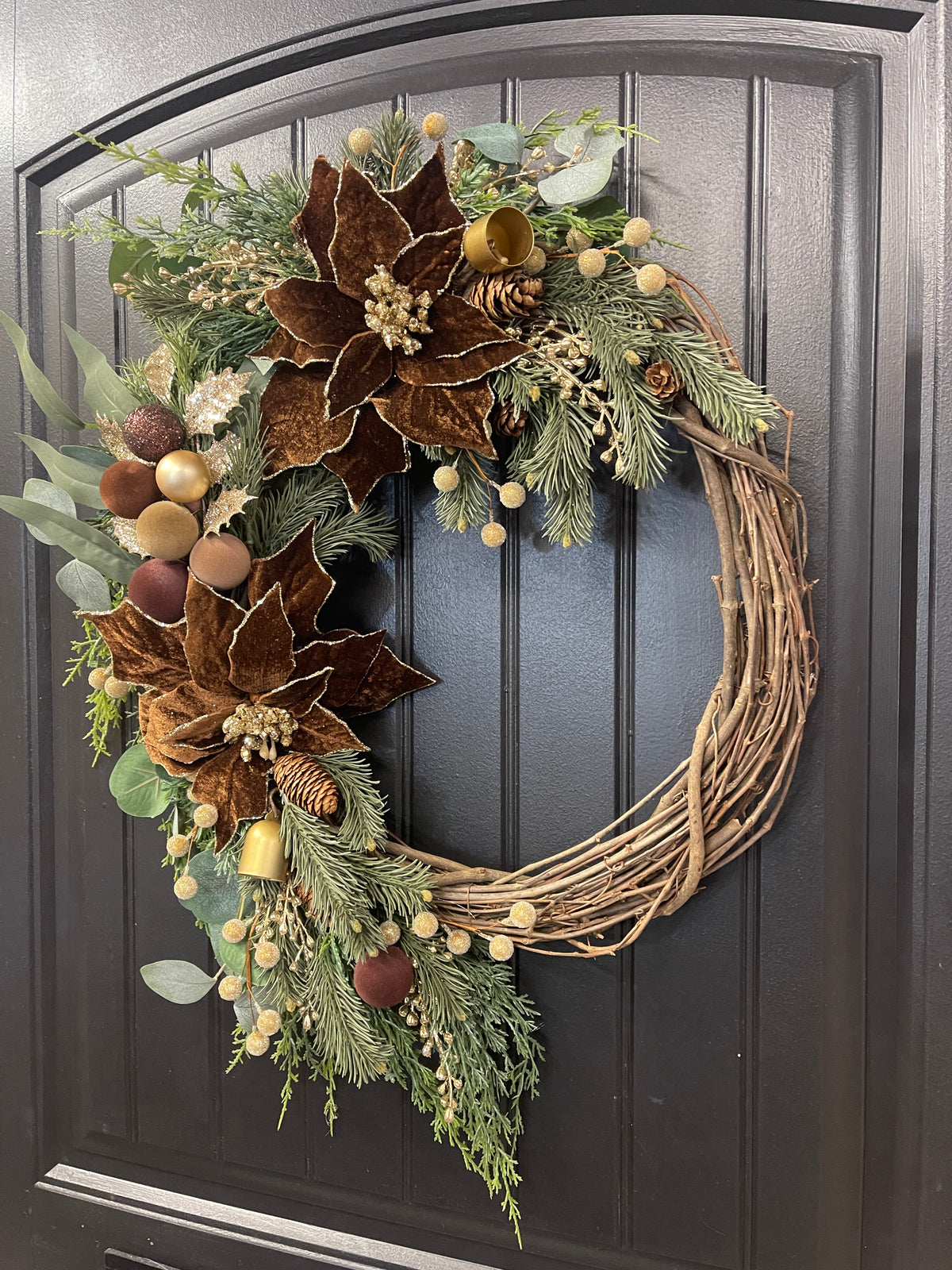 Woodland Velvet Christmas Wreath with Brown Poinsettias & Gold Bells