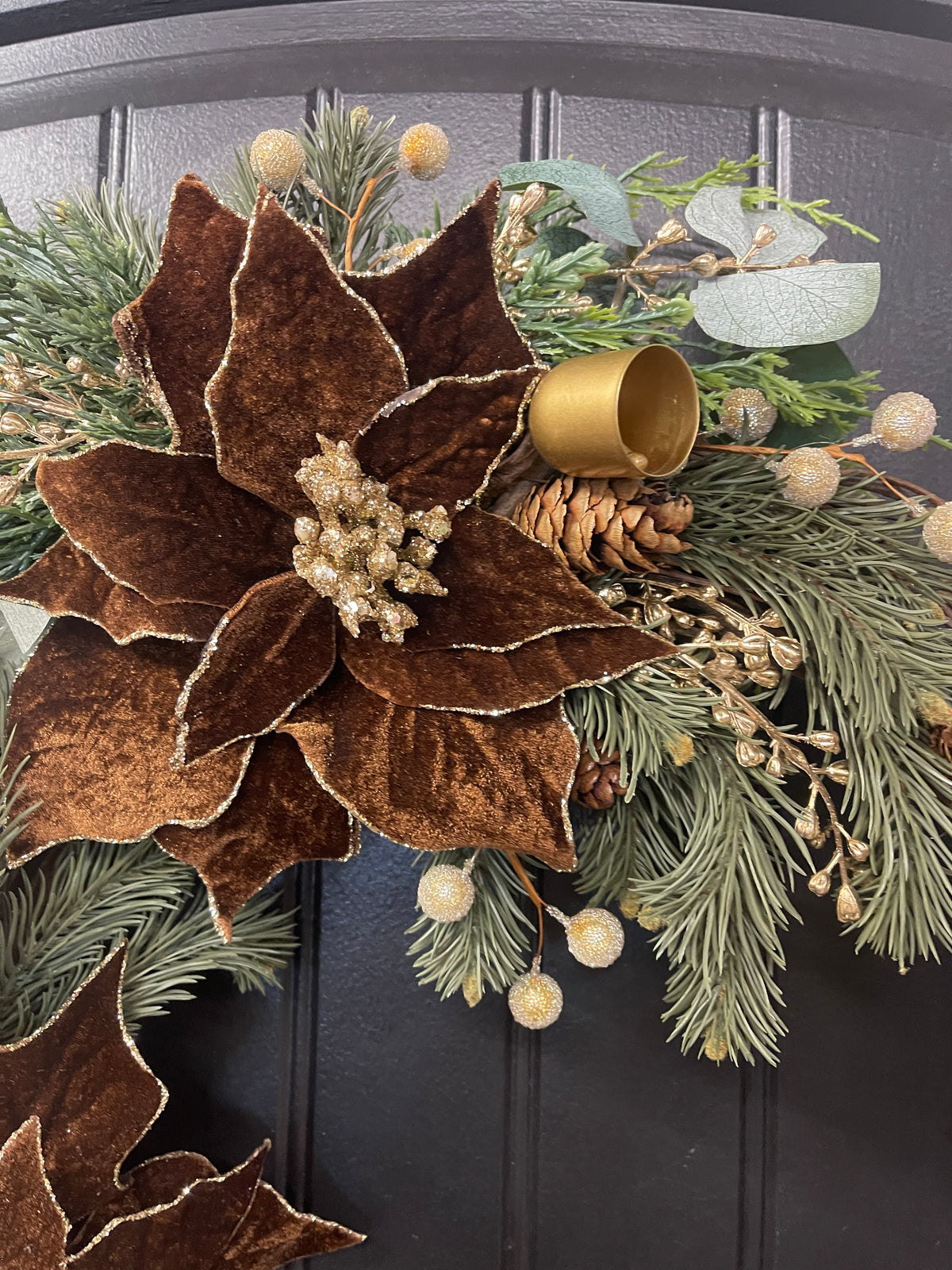 Woodland Velvet Christmas Wreath with Brown Poinsettias & Gold Bells