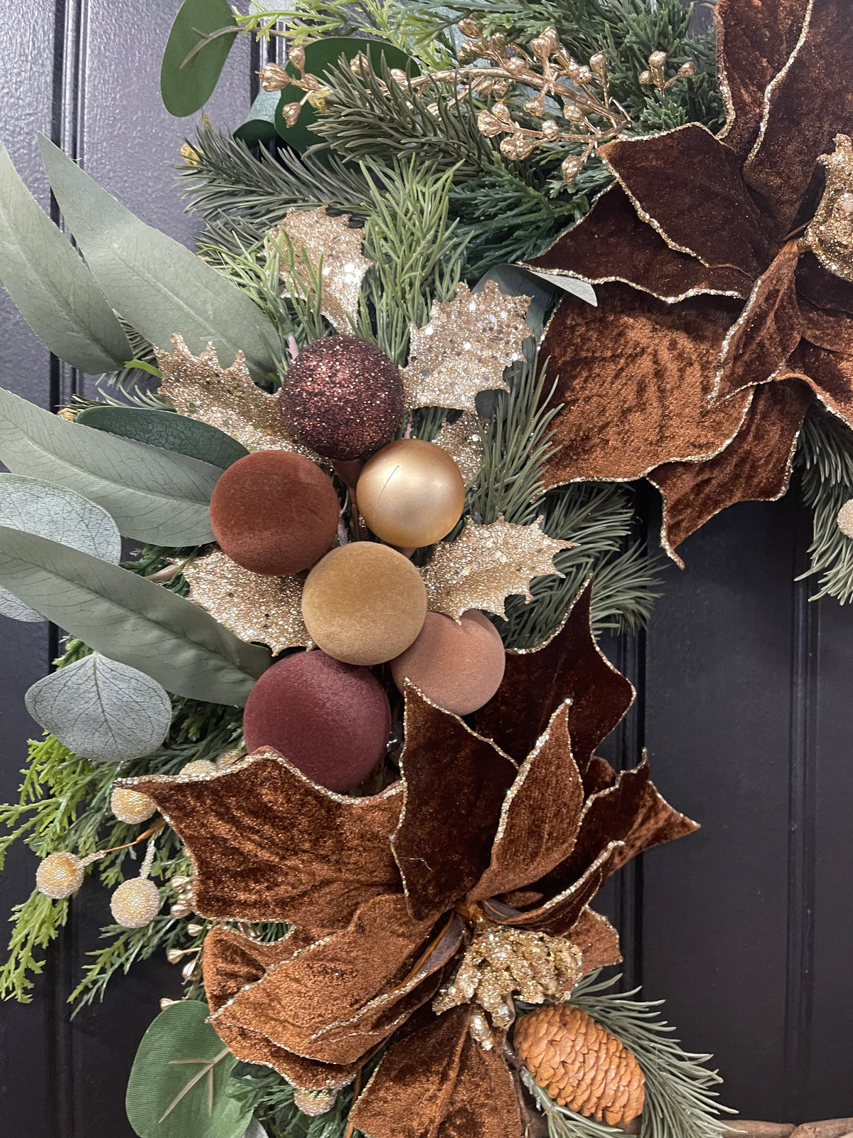 Woodland Velvet Christmas Wreath with Brown Poinsettias & Gold Bells