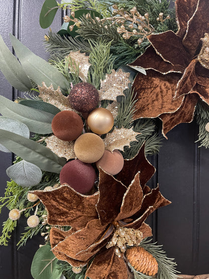 Woodland Velvet Christmas Wreath with Brown Poinsettias & Gold Bells