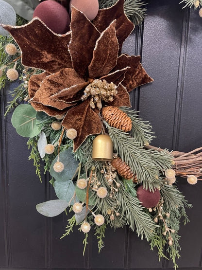 Woodland Velvet Christmas Wreath with Brown Poinsettias & Gold Bells