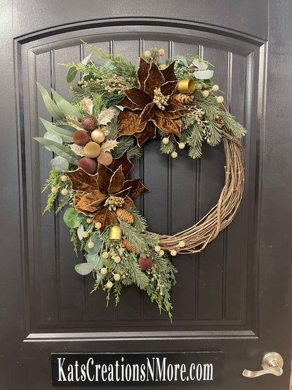 Woodland Velvet Christmas Wreath with Brown Poinsettias & Gold Bells