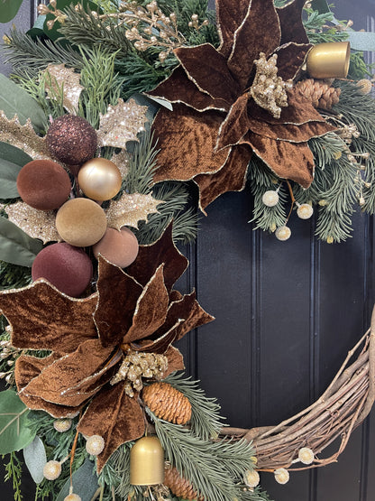 Woodland Velvet Christmas Wreath with Brown Poinsettias & Gold Bells