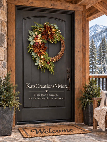 Woodland Velvet Christmas Wreath with Brown Poinsettias & Gold Bells