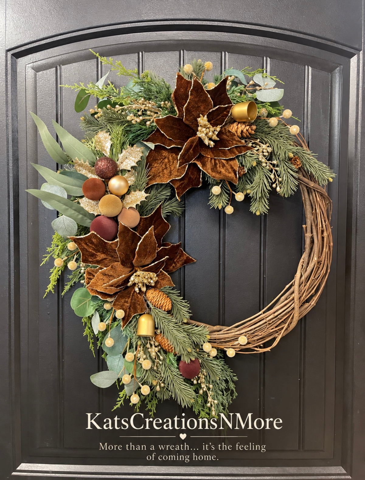 Woodland Velvet Christmas Wreath with Brown Poinsettias & Gold Bells