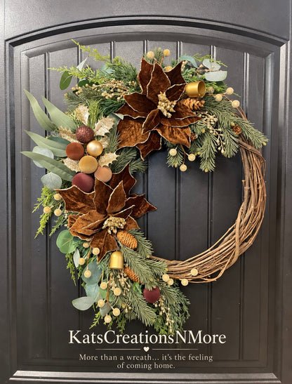 Woodland Velvet Christmas Wreath with Brown Poinsettias & Gold Bells