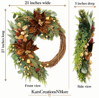 Woodland Velvet Christmas Wreath with Brown Poinsettias & Gold Bells