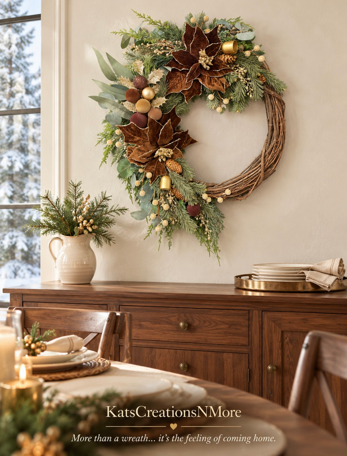 Woodland Velvet Christmas Wreath with Brown Poinsettias & Gold Bells