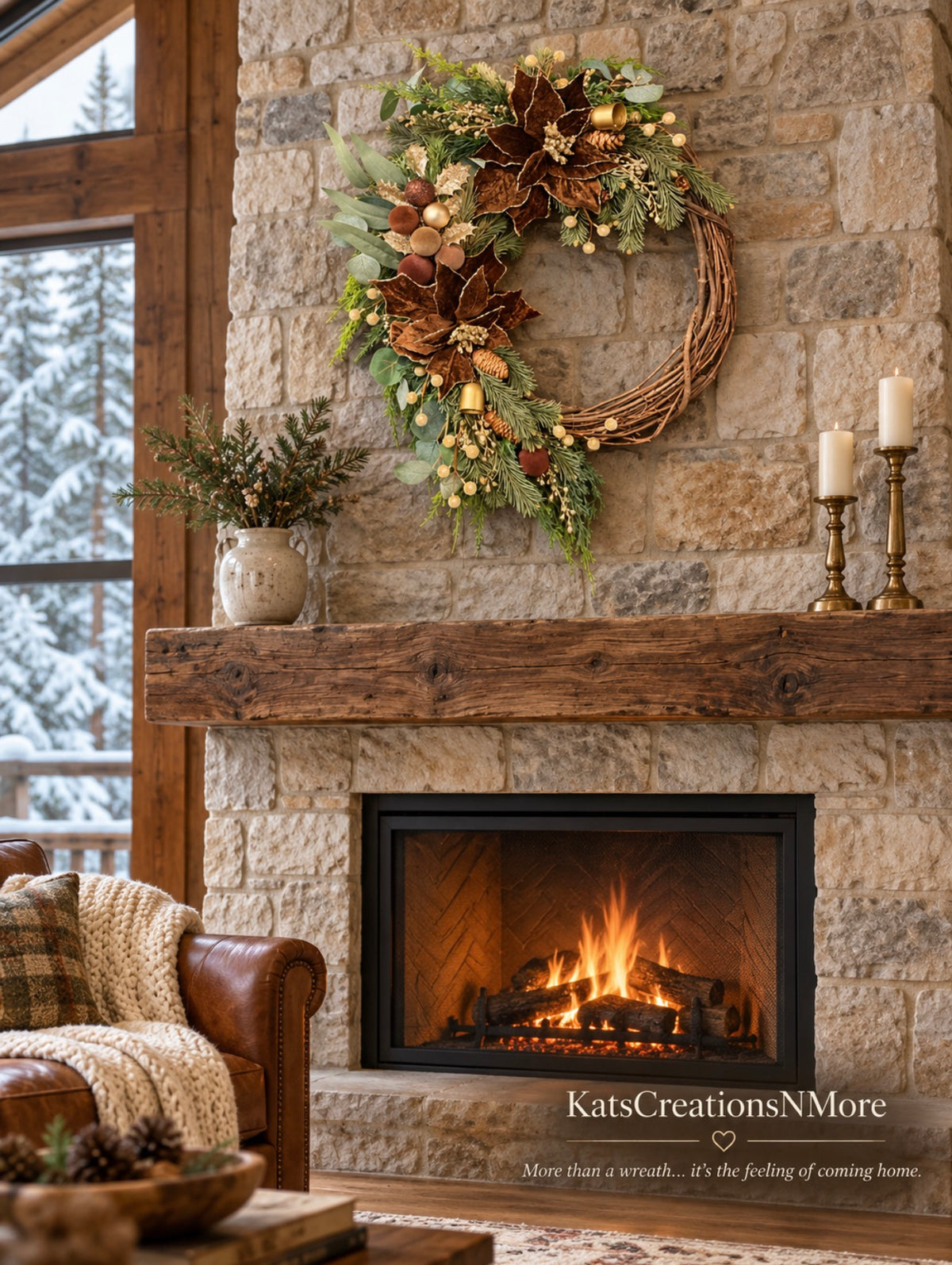 Woodland Velvet Christmas Wreath with Brown Poinsettias & Gold Bells