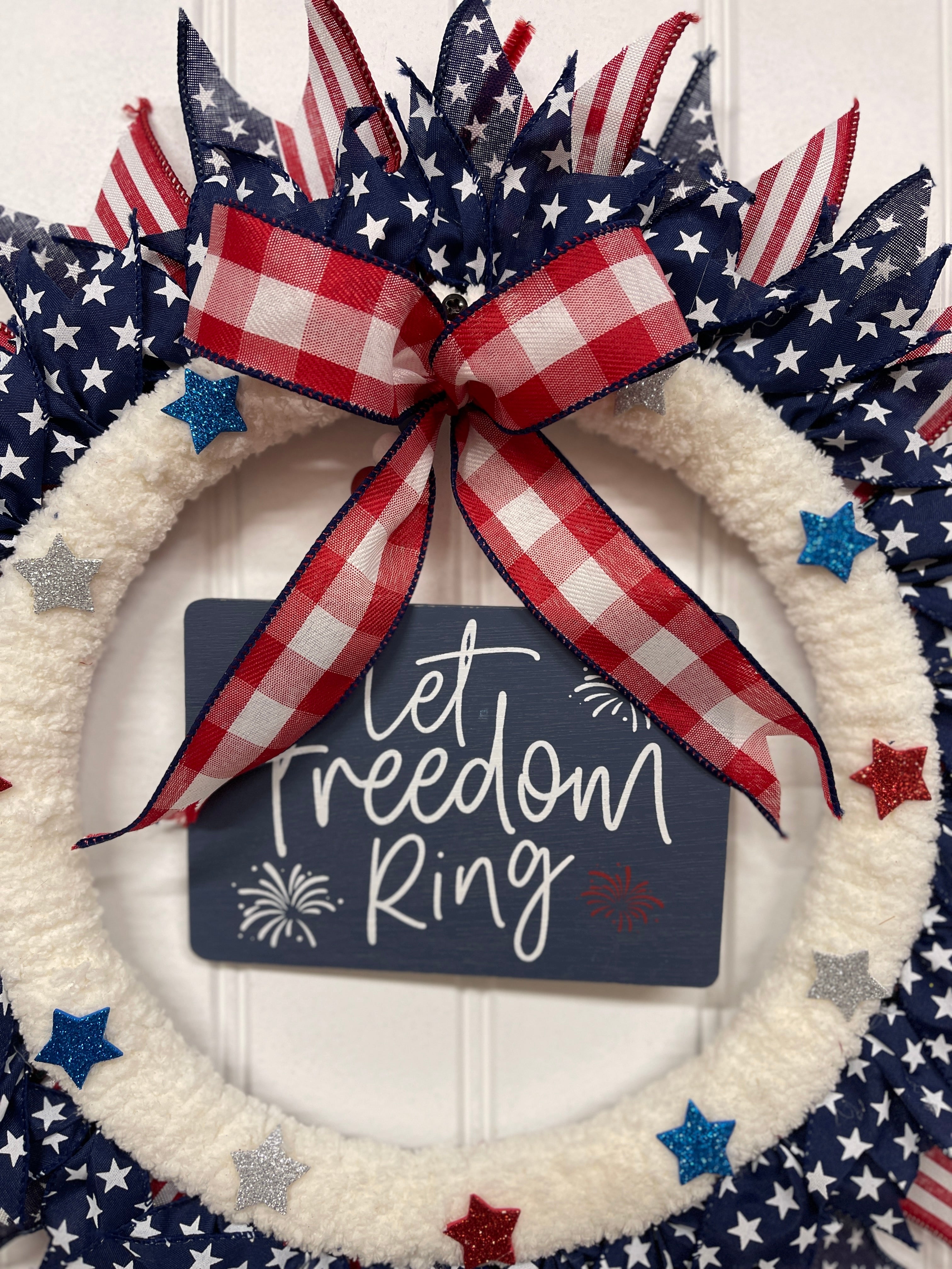 Let Freedom Ring Patriotic Yarn and Ribbon Wreath, KatsCreationsNMore