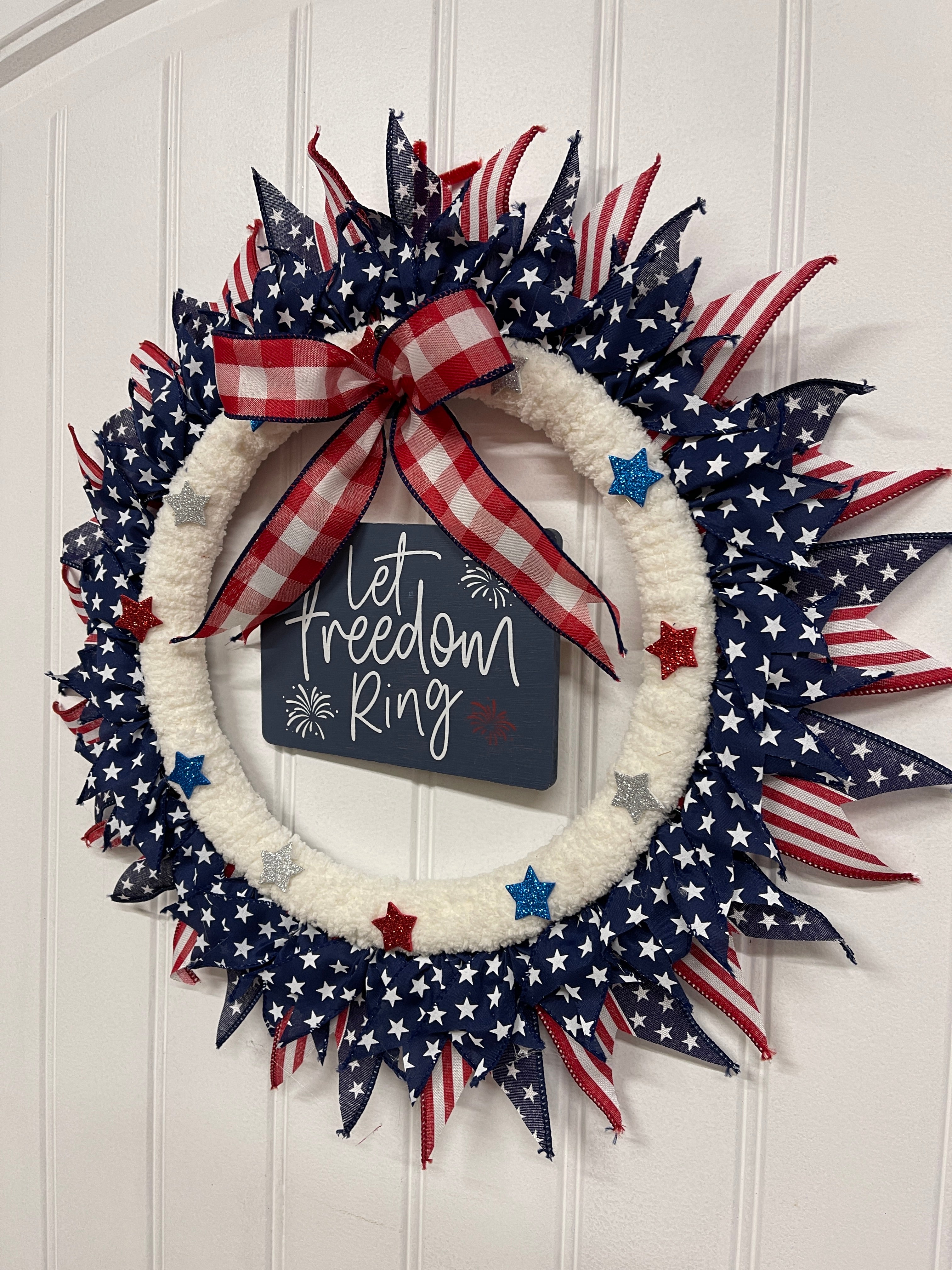 Let Freedom Ring Patriotic Yarn and Ribbon Wreath, KatsCreationsNMore