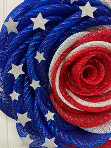 Red, White and Blue Deco Mesh Rose Flower Wreath with Silver Stars on a White Door