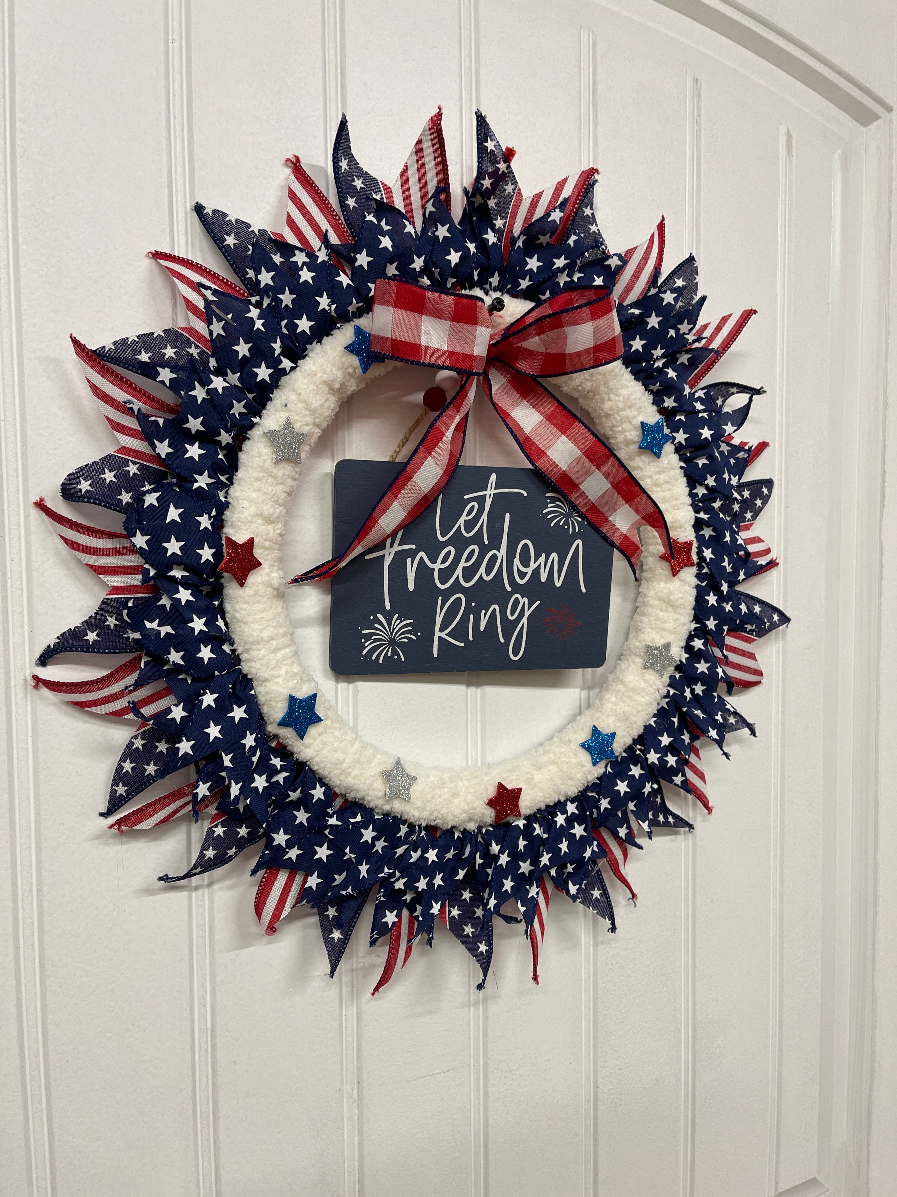 Let Freedom Ring Patriotic Yarn and Ribbon Wreath, KatsCreationsNMore