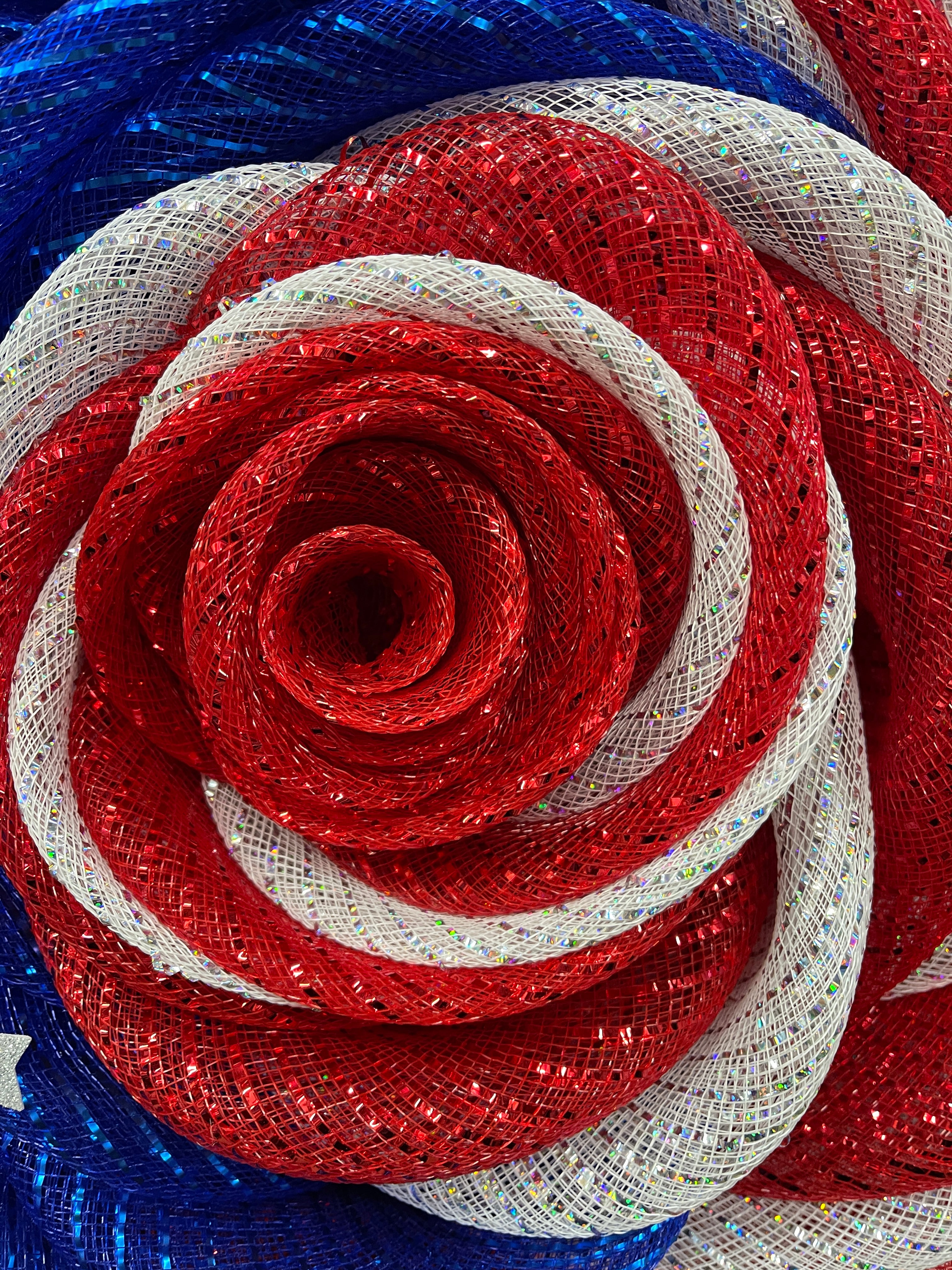 Red, White and Blue Deco Mesh Rose Flower Wreath with Silver Stars on a White Door