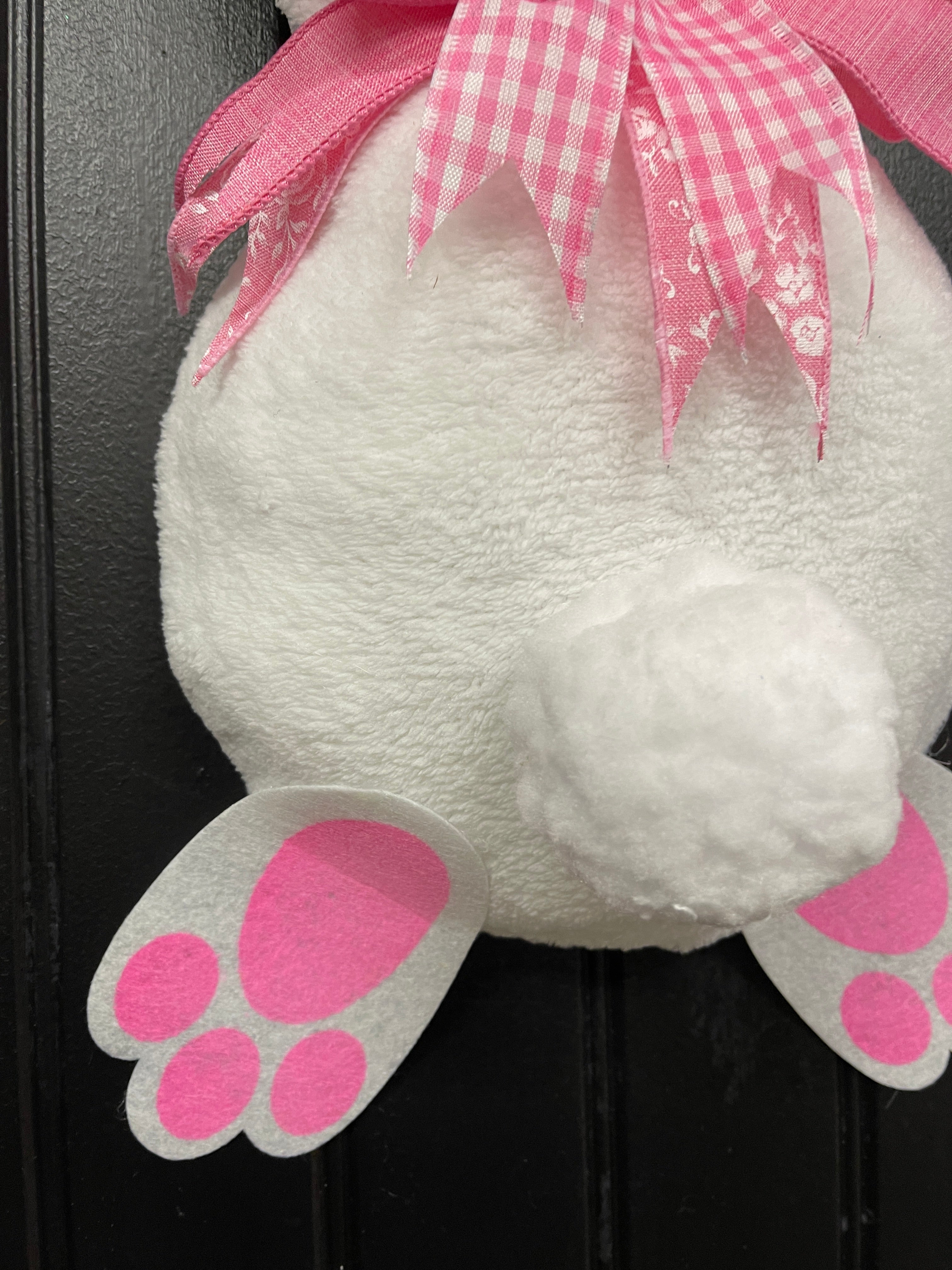 Close Up of Fabric White Bunny Butt Wreath with Pink and White Paw Prints