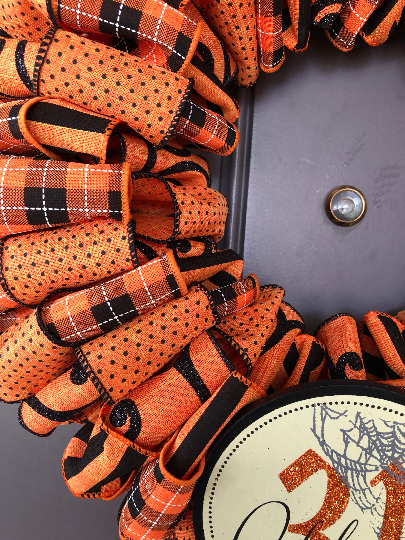 Close Up of Black and Orange Ribbon on the Halloween Wreath