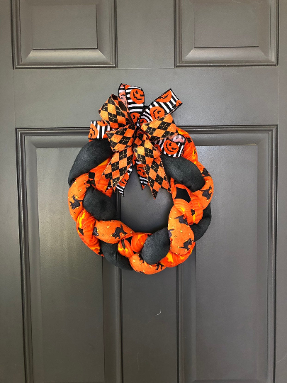 Orange and Black Plush Fabric Wreath with Orange, Black and White Ribbons on a Bow 