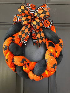 Orange and Black Plush Fabric Wreath with Orange, Black and White Ribbons on a Bow 