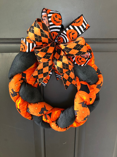 Orange and Black Plush Fabric Wreath with Orange, Black and White Ribbons on a Bow