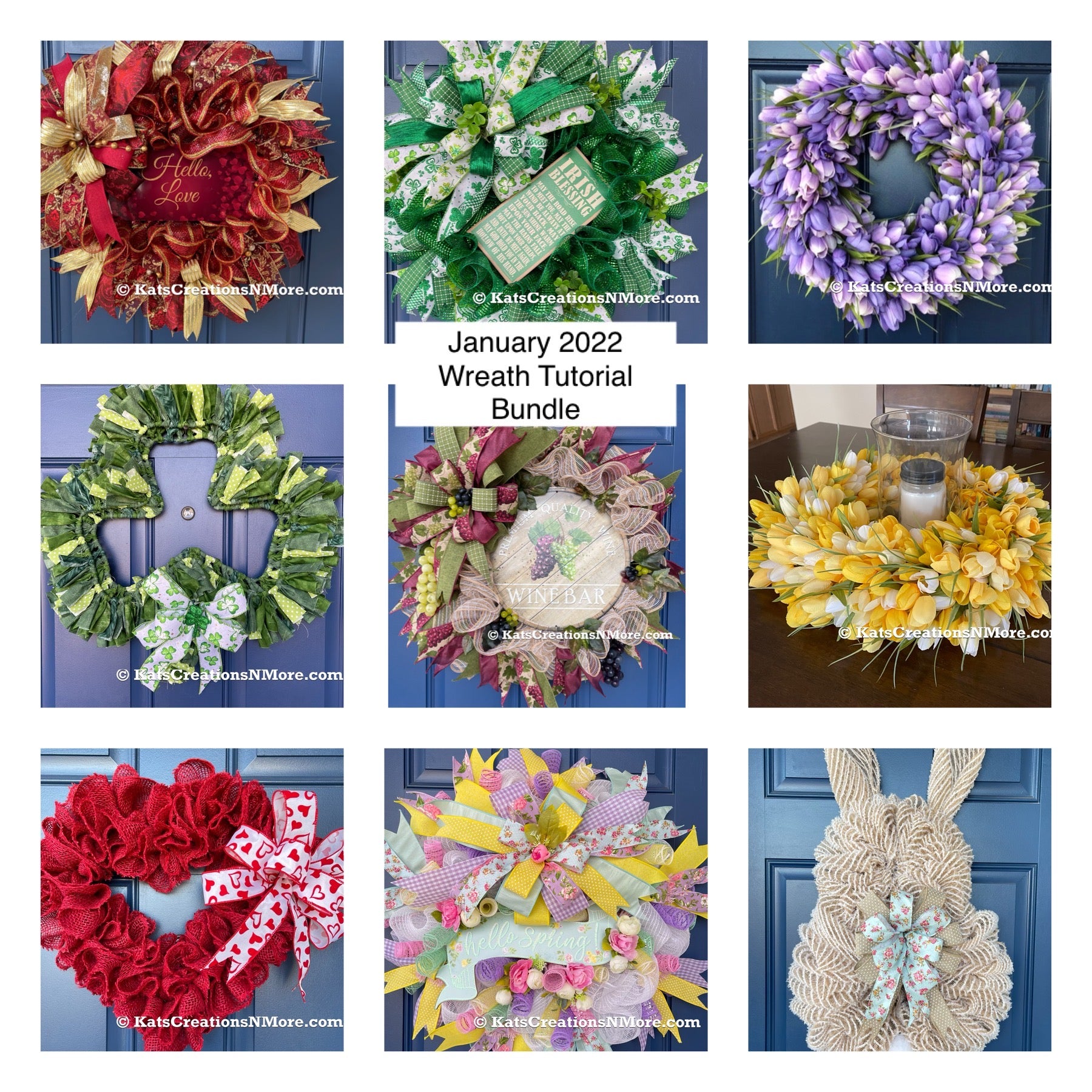 photo displaying the 9 tutorials available in this January 2022 wreath making tutorial bundle