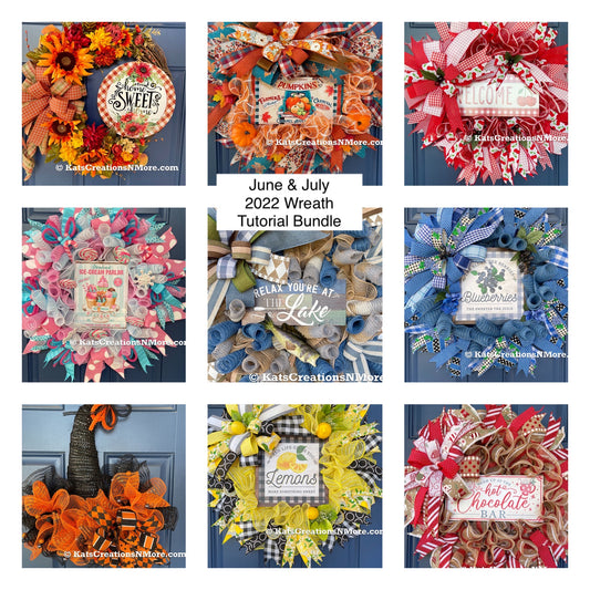 Photo of all of the tutorials offered in the June and July 2022 wreath making tutorial bundle