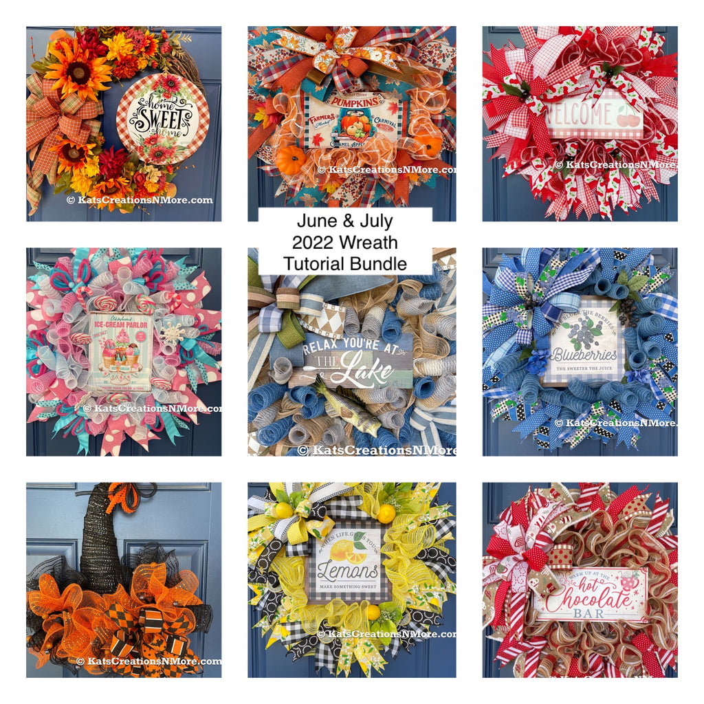 Photo of all of the tutorials offered in the June and July 2022 wreath making tutorial bundle