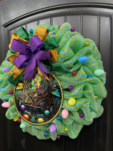 Right Side View of Stained Glass Look Easter Egg Bubble Deco mesh Wreath with a Bow with Glitter Balls and Eggs on a Black Door