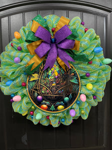 Stained Glass Look Easter Egg Bubble Deco mesh Wreath with a Bow with Glitter Balls and Eggs on a Black Door