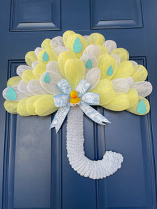 Bottom View of Blue, White and Yellow Deco Mesh Umbrella Wreath for Baby Boy Shower