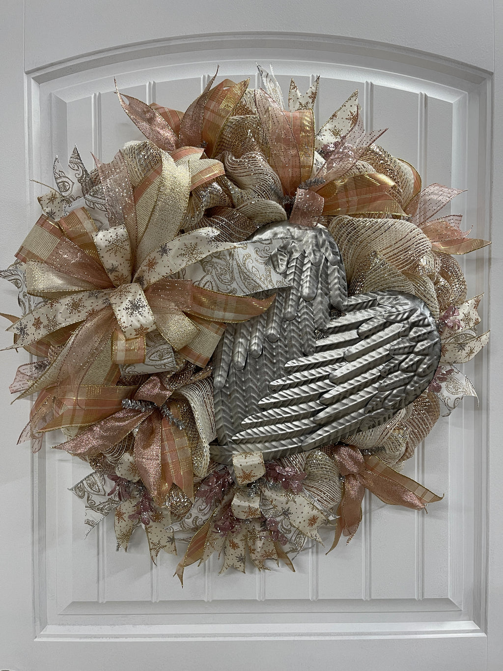 Rose Gold and Antique Silver Angel Wings Wreath on Front Door