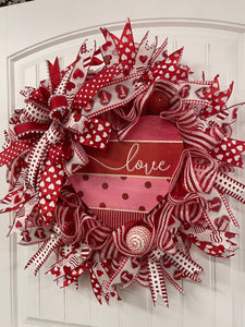 Red and White Deco Mesh Heart Love Valentine's Day Wreath on a White Door