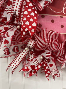 Close Up Details of Ribbon with Hearts on While, Red and White Hearts on a white Ribbon, Love in a Heart on White Ribbon and White Hearts on Red Ribbon, with Red and White Balls