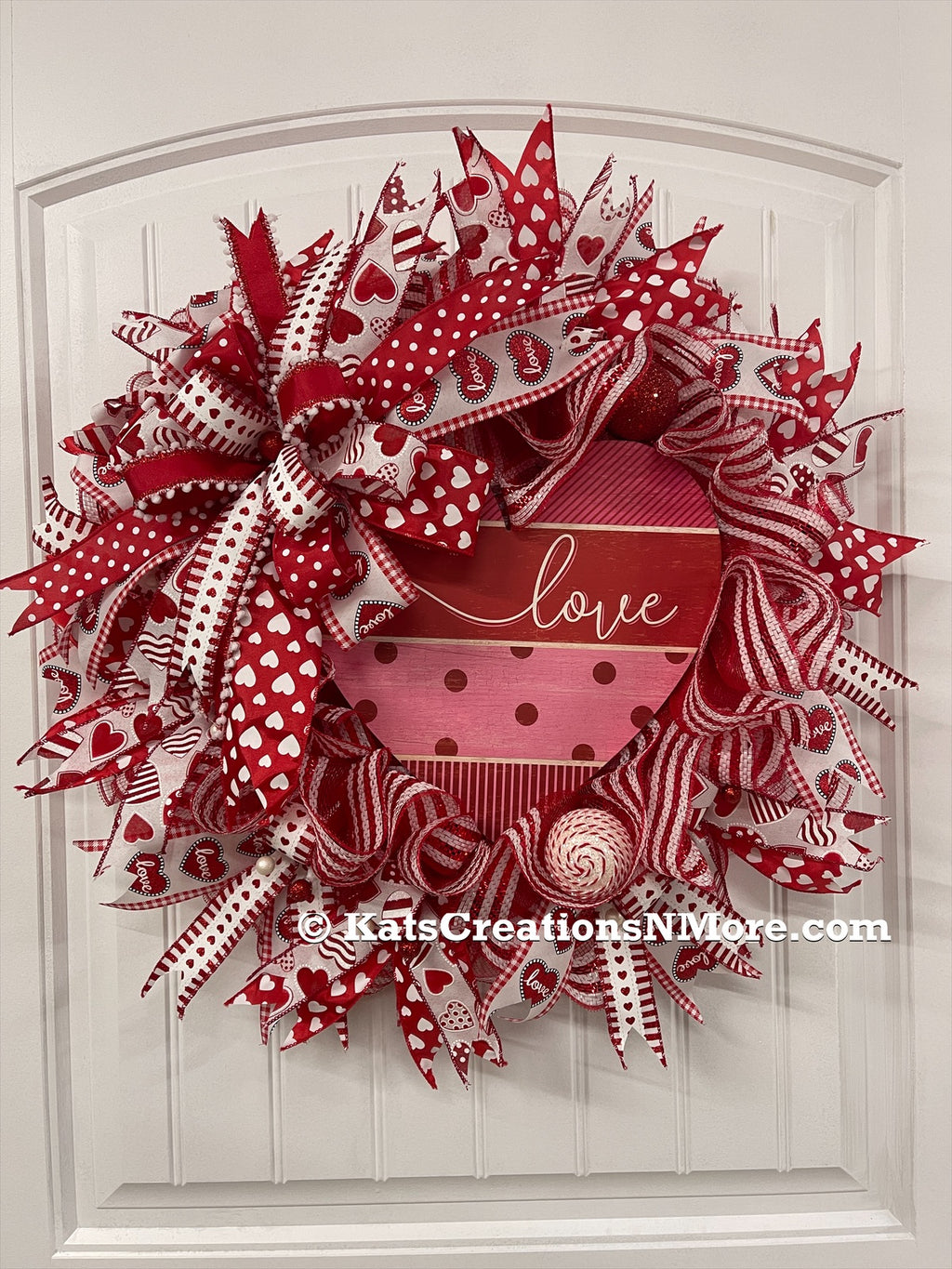 Red and White Deco Mesh Heart Love Valentine's Day Wreath on a White Door