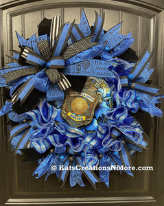 Protect and Serve Police Support Wreath Black and Blue on Black Front Door