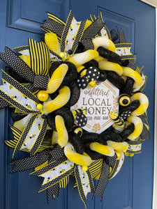 Left Side View of Bumble Bee Local Honey Black and White Wreath for Front Door